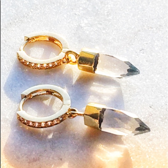 Capri Beach Jewelry Jewelry - Smokey Topaz genuine gemstone huggie cubic  hoops drop charm pendant